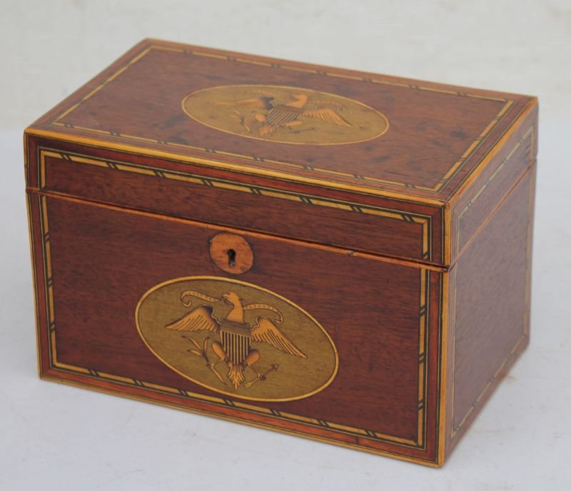 early 19thC mahog Federal tea caddy w 2 oval panels w (1 of 5)