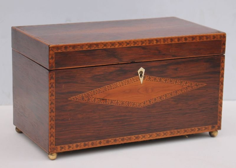 early 19thC large rosewood tea caddy w extensive inlay (1 of 5)