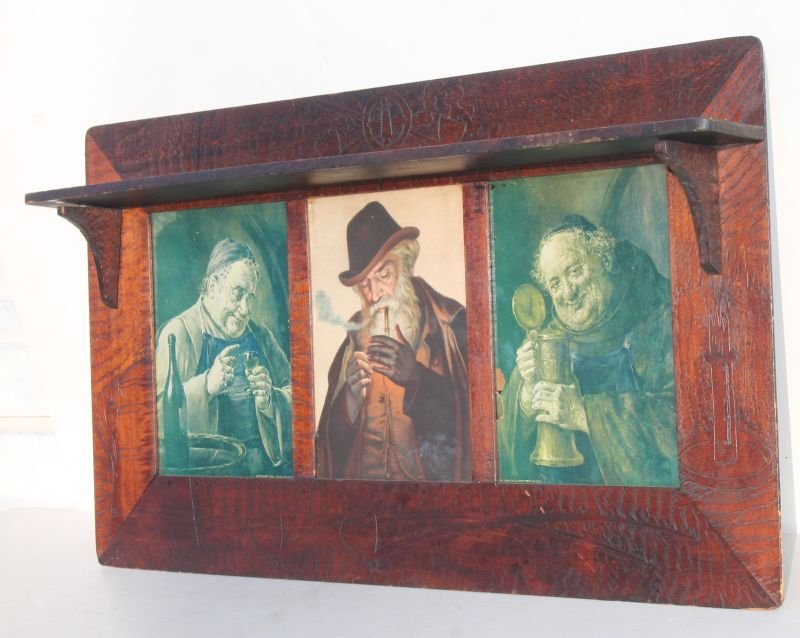fine early 20thC Arts & Crafts influenced triple: fine early 20thC Arts & Crafts influenced triple section picture frame w shelf above featuring all over pyrographic dec - 17" tall x 30" wide