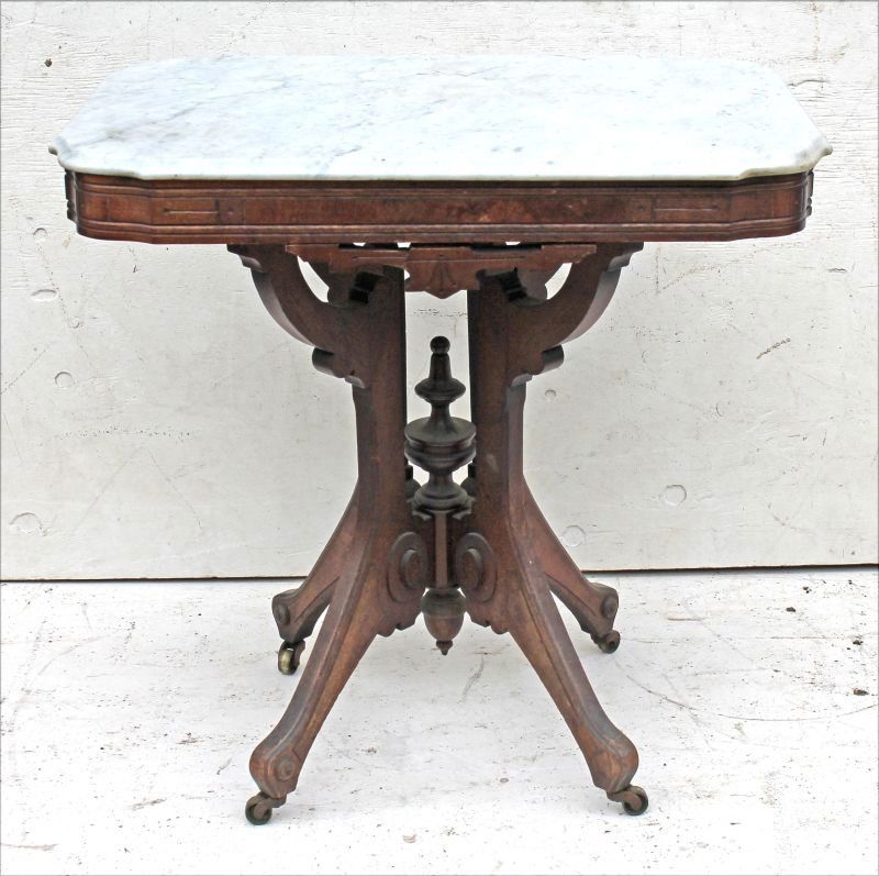 Vict carved walnut shaped marble top table - 30" tall x (1 of 2)