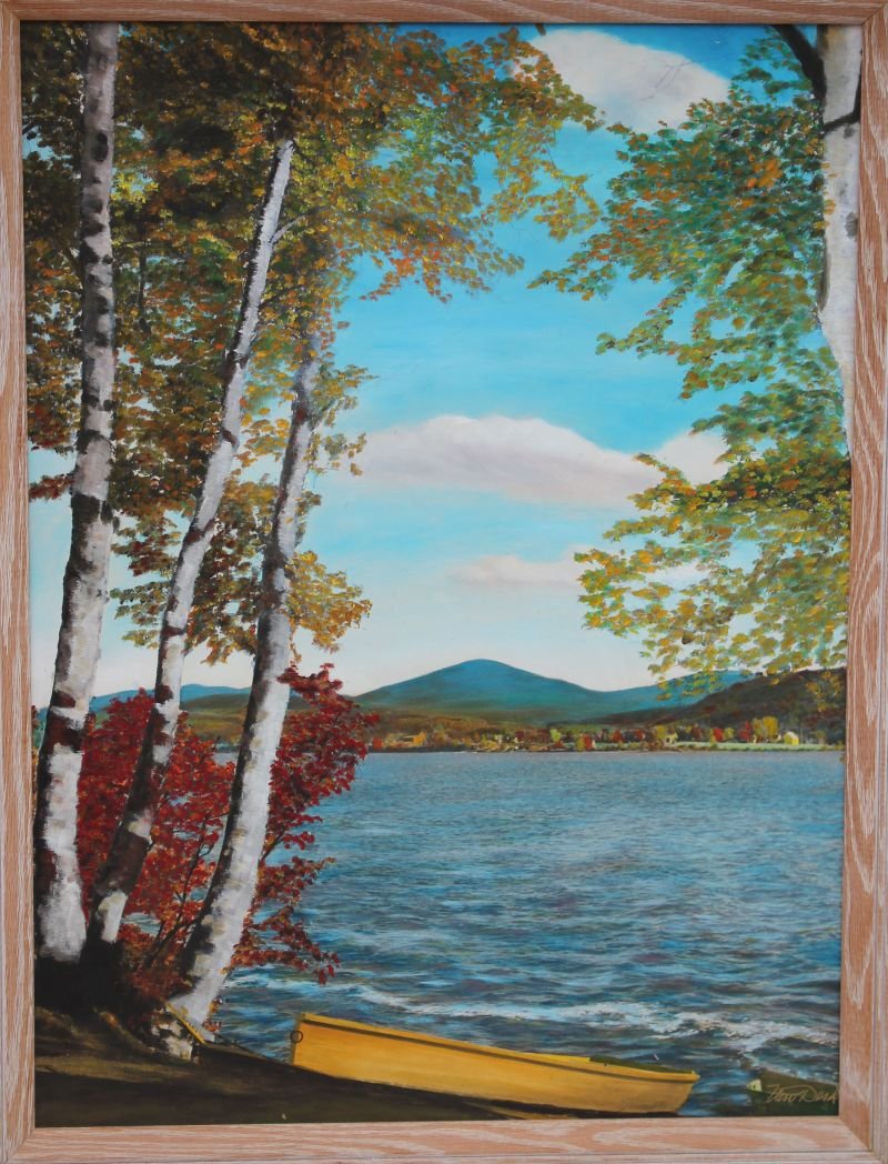 Sgnd Van Derk 23"x18" o/bd NH lake & mountain scene w: Sgnd Van Derk 23"x18" o/bd NH lake & mountain scene w rowboat & birch trees