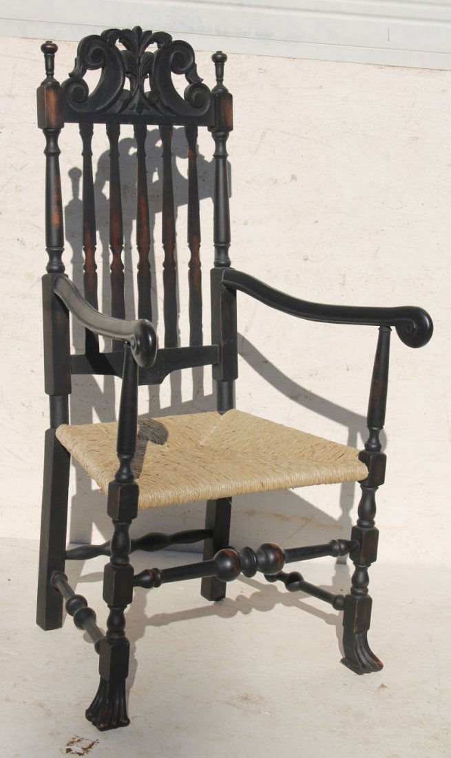 Great form bench made bannister back Spanish ft: Great form bench made bannister back Spanish ft armchair w Prince of Wales crest & ram's horn arms & rush seat - 49 1/2" tall w 17 3/4" seat height
