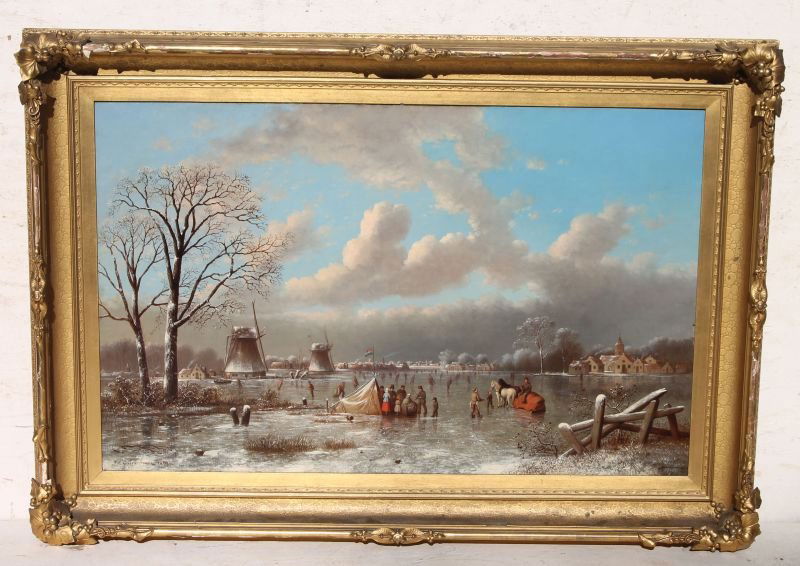 Excellent Johann Mongels Culverhouse (1820/25-1891/95): Excellent Johann Mongels Culverhouse (1820/25-1891/95) 28"x44" o/c Dutch winter scene w many figures skating, fishing, walking, etc under a bright blue sky titled Lake Near Rotterdam, Holland - A Culv
