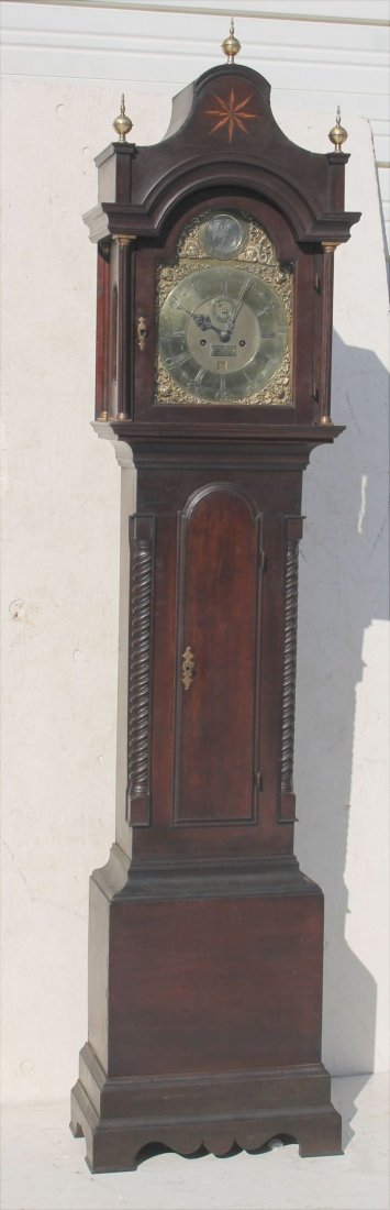 Important period QA ca 1735-1755 Boston, MA carved: Important period QA ca 1735-1755 (pre Revolutionary War) Boston, MA carved Cuban mahog grandfather clock w compass star inlay, "Pagoda" bonnet & brass face sgnd James Smith - as good a tall clock as w