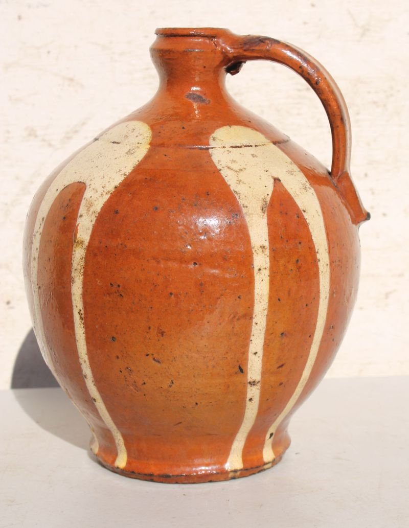 ca 1860 Redware vinegar jug in very unusual pattern (1 of 2)