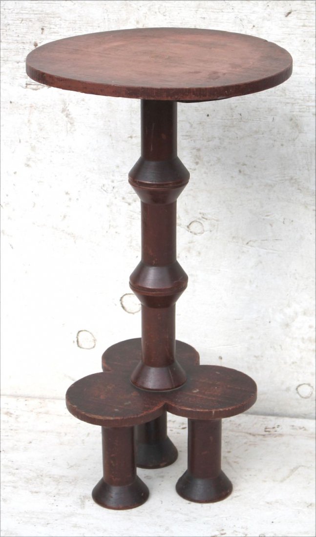 folky 19thC pine & maple spool leg candlestand w traces (1 of 1)