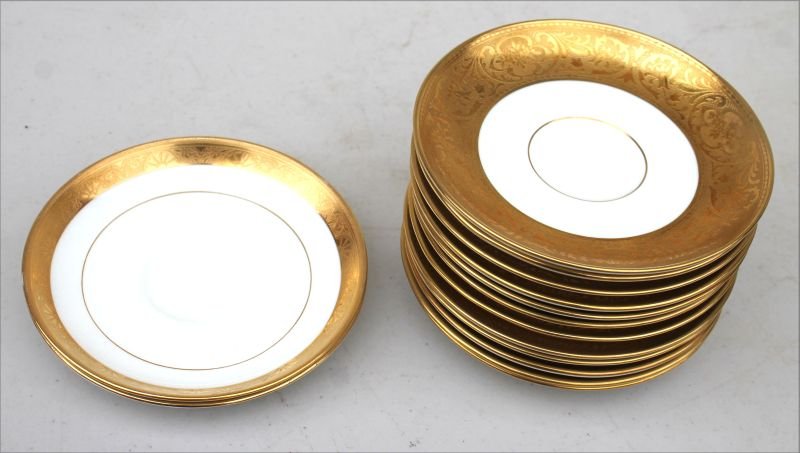 Beautiful set of 12 Mintons 5 3/4" saucers w elegant: Beautiful set of 12 Mintons 5 3/4" saucers w elegant gold borders together w 2 Mintons for Tiffany & Co 5 3/4" saucers w gold borders
