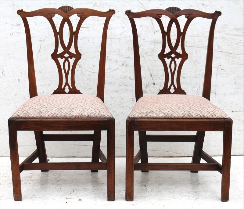 pr of antique Chippendale slip seat, stretcher based: pr of antique Chippendale slip seat, stretcher based dining chairs w carved ears, shell crests & pierced splats - 37" tall