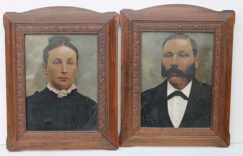 pr of 19thC large tin photos w extensive hand painted (1 of 3)