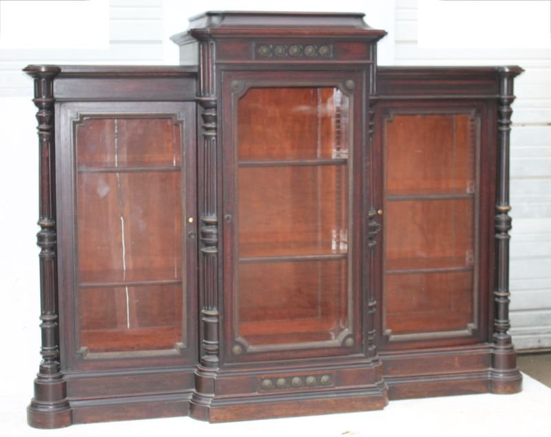 Wonderful Vict carved walnut 3 door bookcase in orig (1 of 9)
