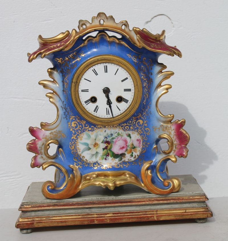 Old Paris Porcelain clock on wooden plinth - overall (1 of 5)