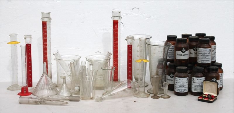 large lot of apothecary bottles & beakers etc from the (1 of 5)