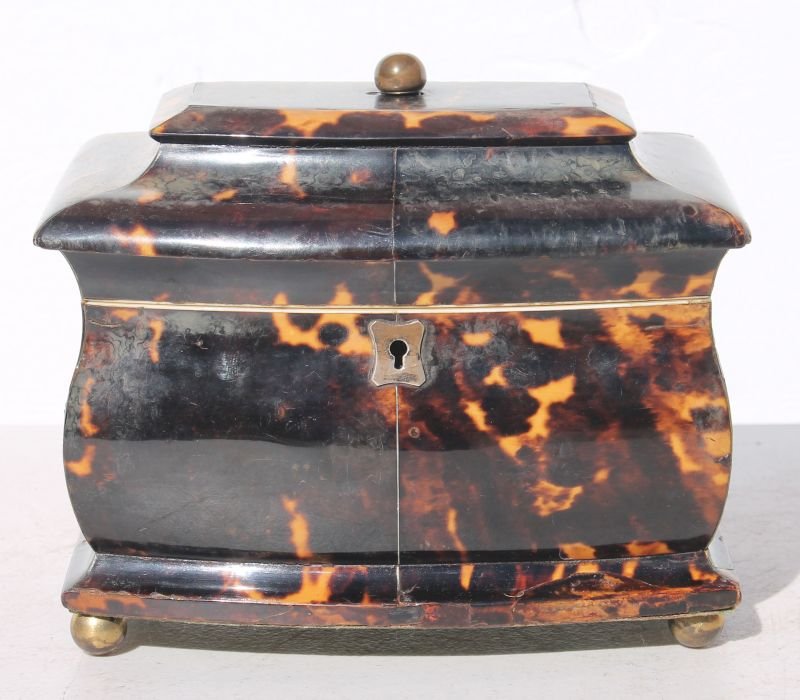 19thC tortoise shell bombe shaped tea caddy w dual (1 of 3)