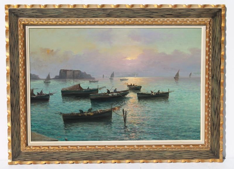 Vincenzo D'Auria (1872-1939 Italian) 24"x36" o/c harbor: Vincenzo D'Auria (1872-1939 Italian) 24"x36" o/c harbor scene featuring multiple boats w fisherman at sunrise or sunset