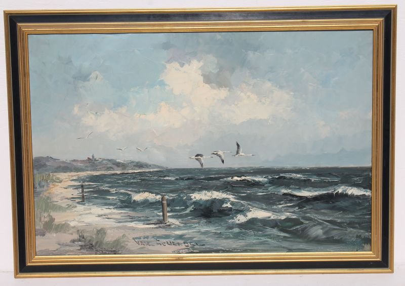 sgnd Van Shendell 24"x36" o/c seascape w seagulls (1 of 3)