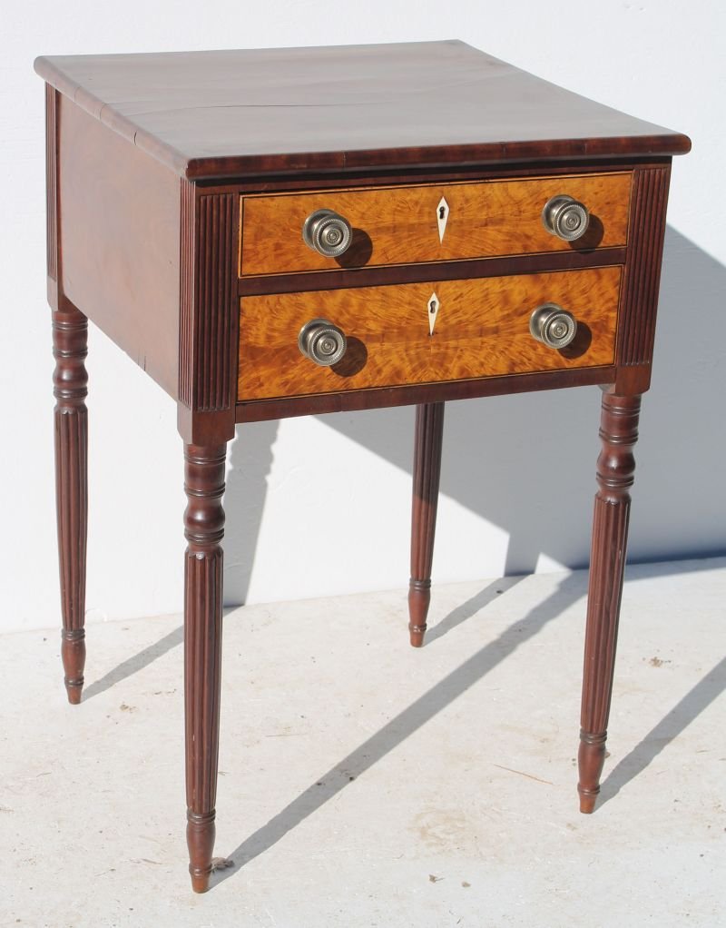 Period Sheraton ca 1810-1820 cherry 2 dr stand w: Period Sheraton ca 1810-1820 cherry 2 dr stand w beautiful flame birch drawer fronts featuring ivor or bone escutcheons & reeded legs - 28 1/2" tall