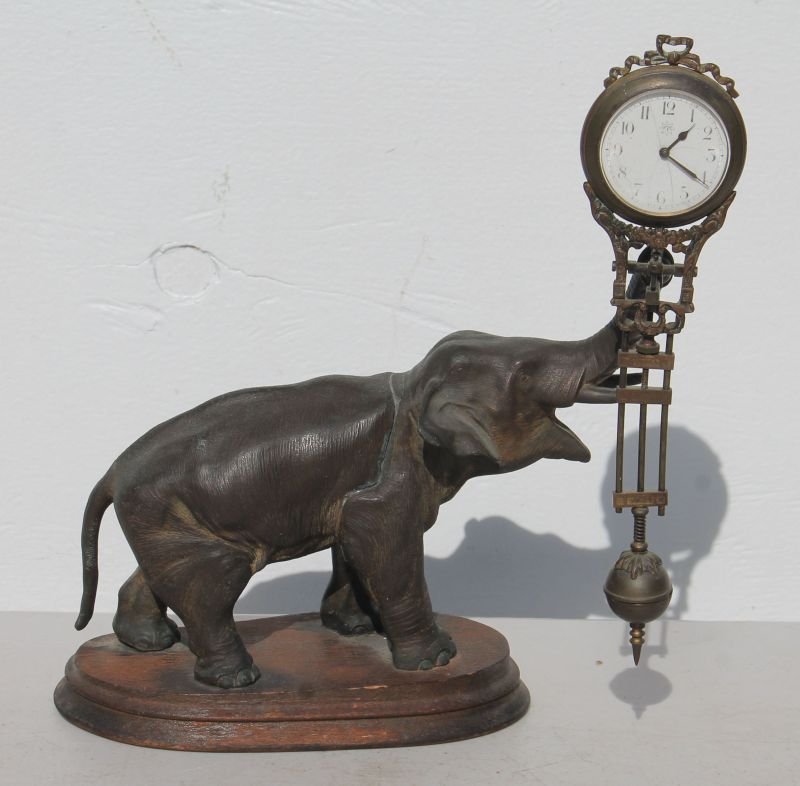 elephant form spelter small pendulum clock - 11" tall x (1 of 2)