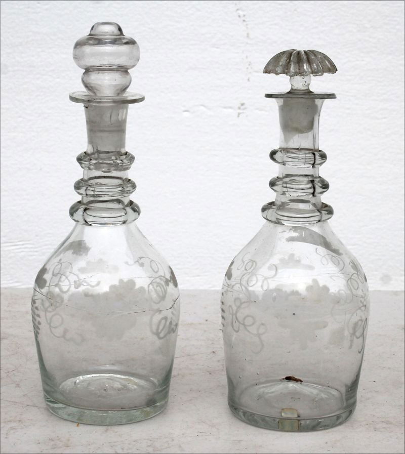 Rare pr of small sized blown glass engraved decanters - (1 of 2)