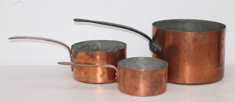 3 graduated antique dovetailed copper pots - 2 w brass (1 of 4)