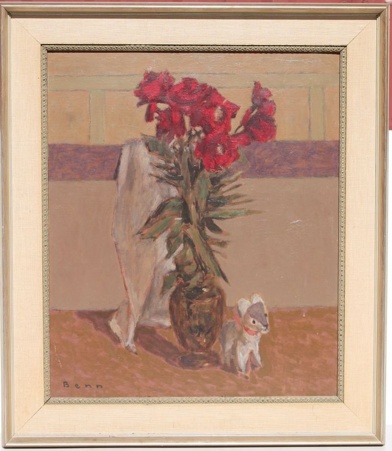 Ben Benn (1884-1983) 21"x18" o/bd still life of vase of: Ben Benn (1884-1983) 21"x18" o/bd still life of vase of flowers w signature Benn stuffed animal