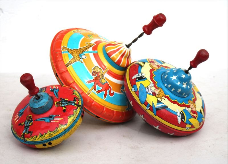 lot of 3 antique toy spinning tops incl 2 marked Ohio