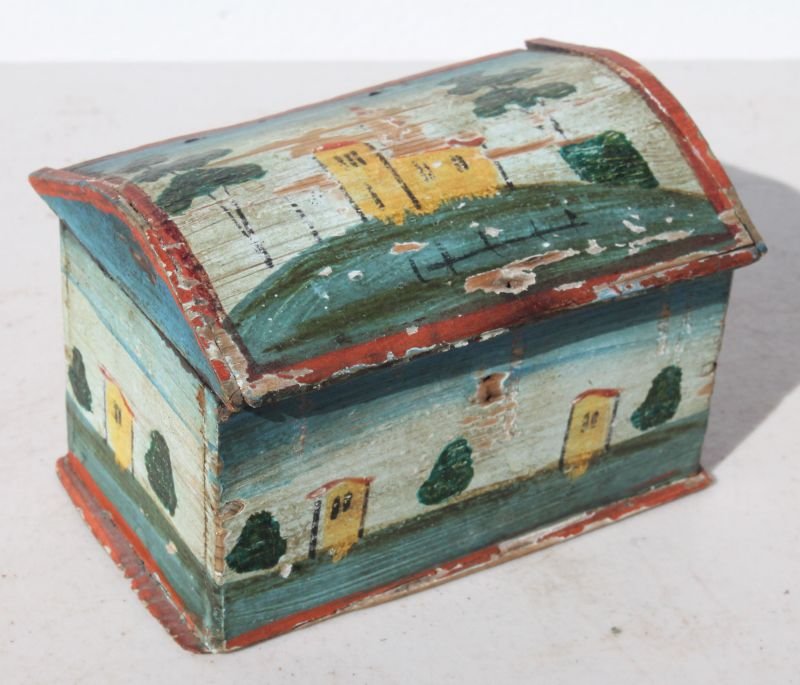 ca 1820 PA orig paint dec miniature dome top bank box w (1 of 6)