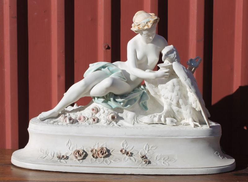 Wonderful lg signed Minton antique Parian sculpture of: Wonderful lg signed Minton antique Parian sculpture of Hebe & Jupiter (Jupiter as Eagle) on attached wooden carved base - 25" wide x 17 1/2" tall