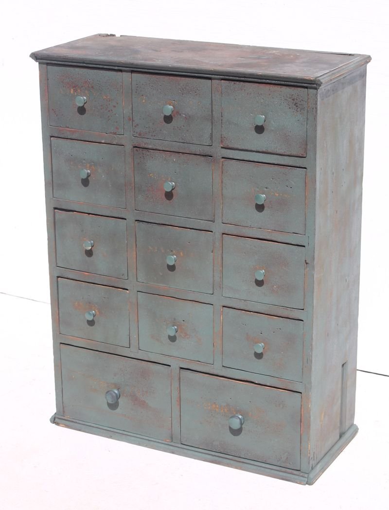 19thC 14 drawer apothecary chest in old blue paint from (1 of 3)