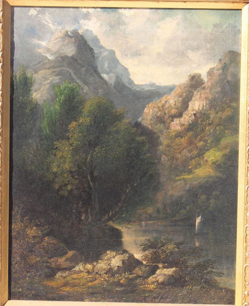 Exceptional 19thC unsgnd 14"x18" o/c mountain pass (1 of 4)