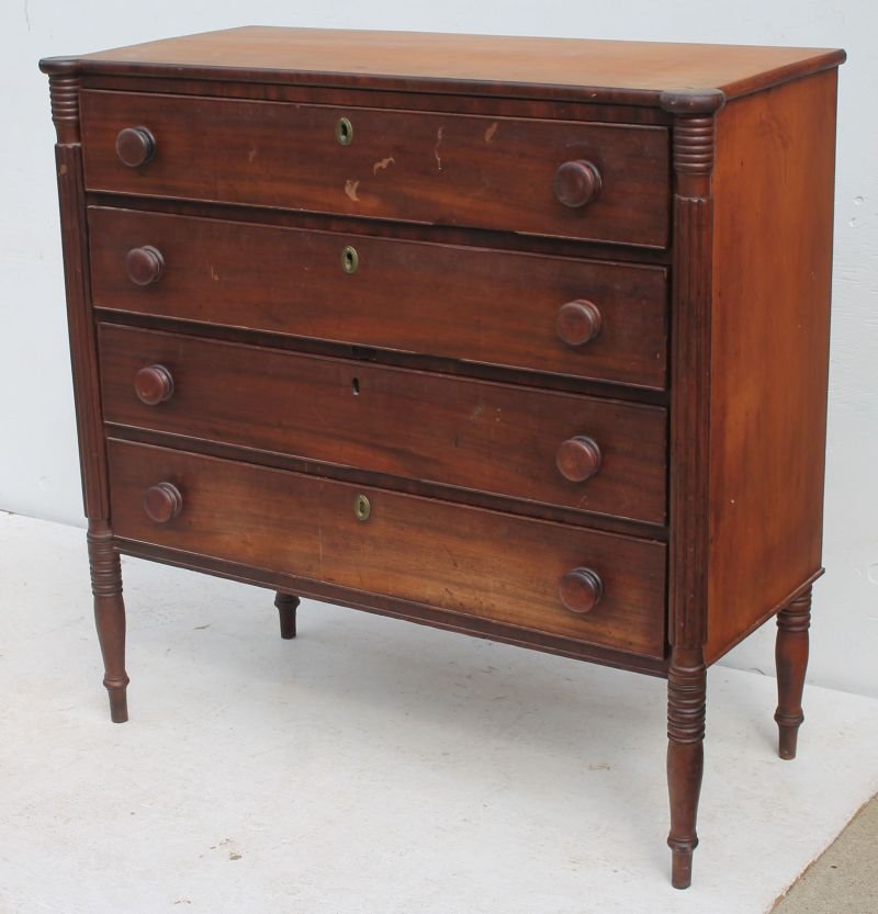 Period Sheraton carved mahog 4 dr Worcester, MA chest w: Period Sheraton carved mahog 4 dr Worcester, MA chest w carved turret topped posts in orig finish & mahog knobs - 41 3/4" tall x 43" wide x 18" deep