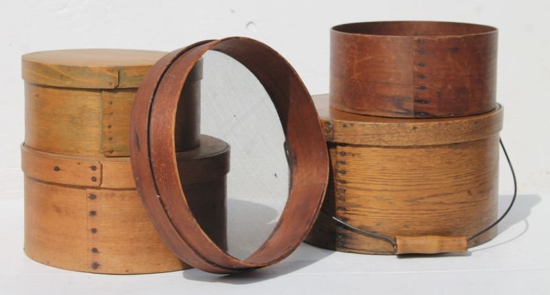 lot of antique treen incl 3 round covered pantry boxes, (1 of 2)