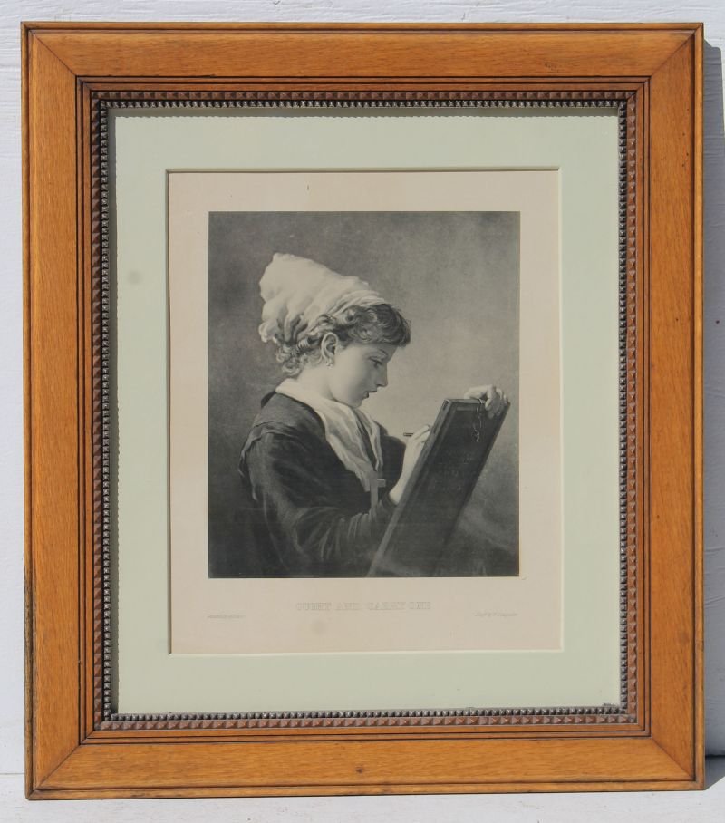 beautiful oak framed black & white engraving of a young (1 of 5)