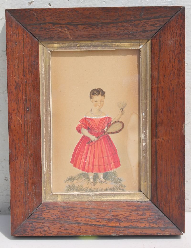 ca 1830's 6 1/4" x 4 1/4" w/c of a little girl in red: ca 1830's 6 1/4" x 4 1/4" w/c of a little girl in red dress holding a badminton racquet & birdie - vibrant colors in vintage ogee frame (rosewood) w gold liner