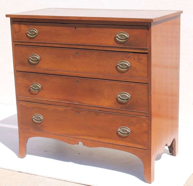 Very nice period Hepplewhite ca 1780's MA 4 dr cherry: Very nice period Hepplewhite ca 1780's MA 4 dr cherry chest in old color on orig tall cut out base - 38 1/2" case width
