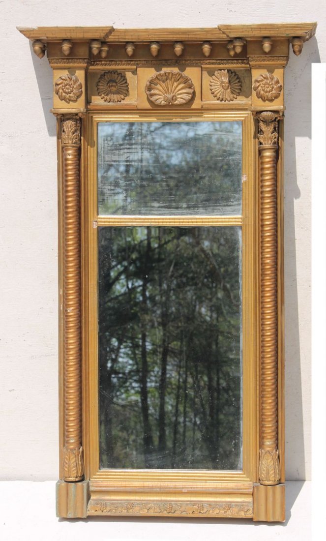 Period Federal ca 1800 fine fan carved Boston hall: Period Federal ca 1800 fine fan carved Boston hall mirror in great old gilded paint - 37 1/2" x 21"