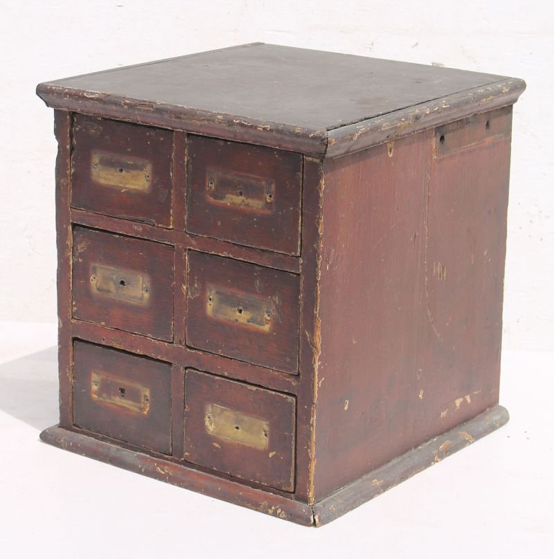 19thC small 6 dr apothecary chest in red paint - 12" (1 of 3)