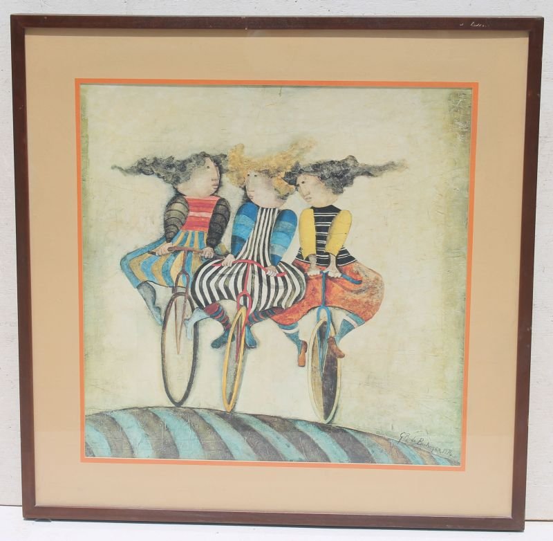 Boulanger print of 3 bicyclists dated 1976 - overall (1 of 3)
