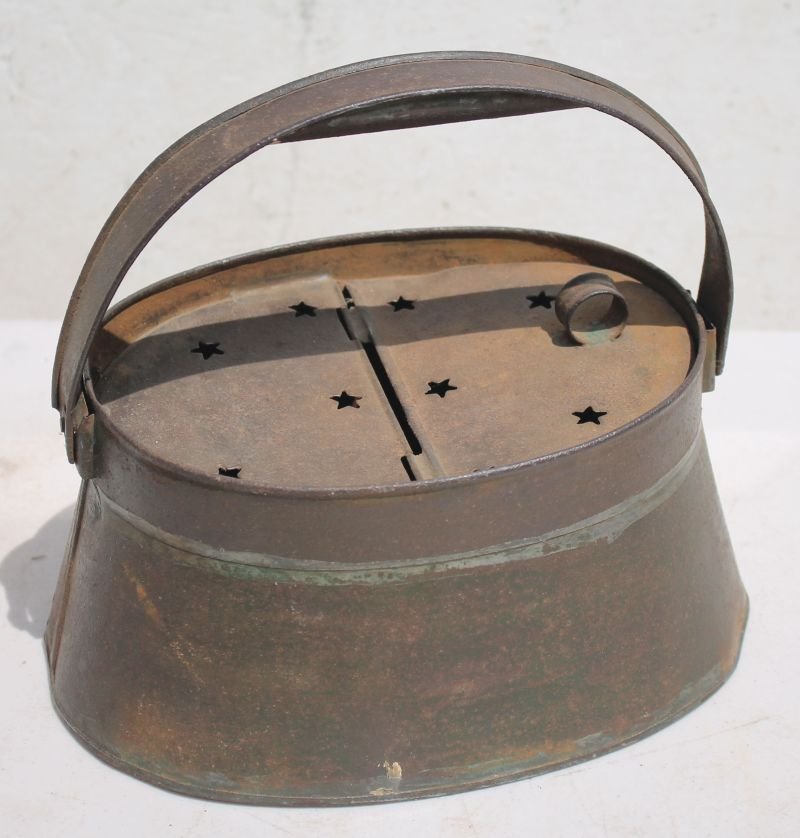 19thC punched tin foot warmer w pierced stars dec - 9" (1 of 3)