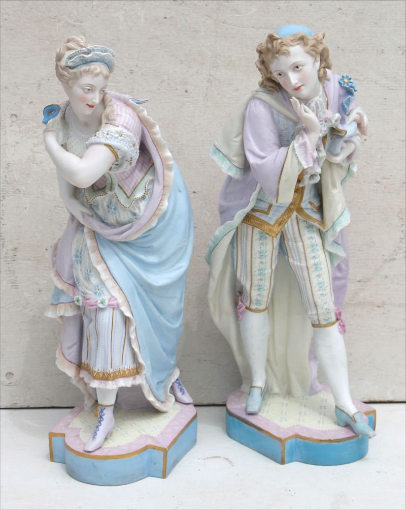 large pr of attrib German bisque man & woman sculptures (1 of 5)