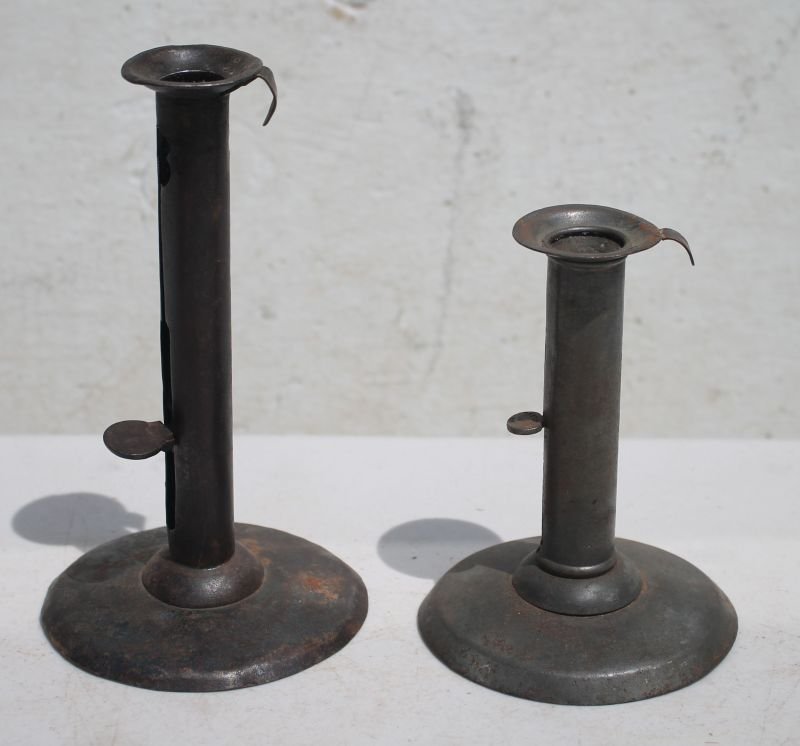 lot of 2 antique push up tin hogscraper candlesticks (1 of 3)