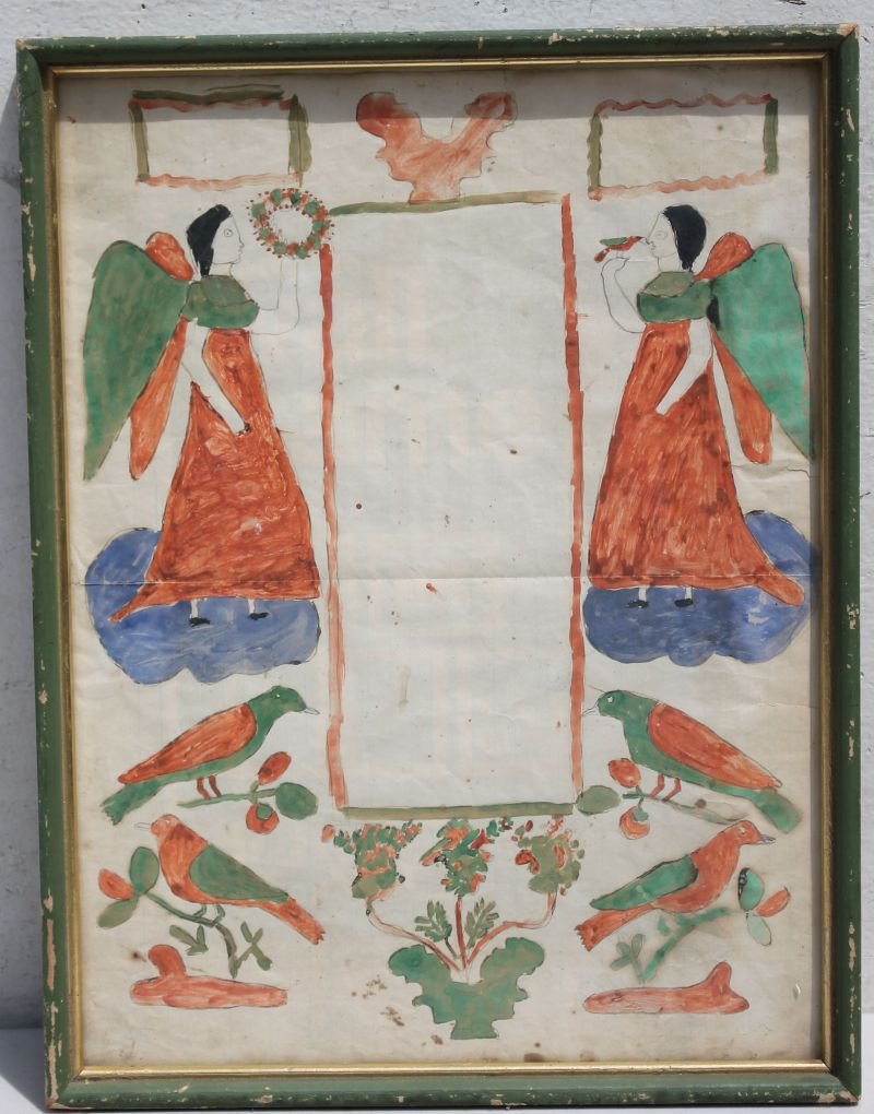 1870's/80's PA 15 1/2"x11 1/2" w/c & graphite folk art (1 of 2)