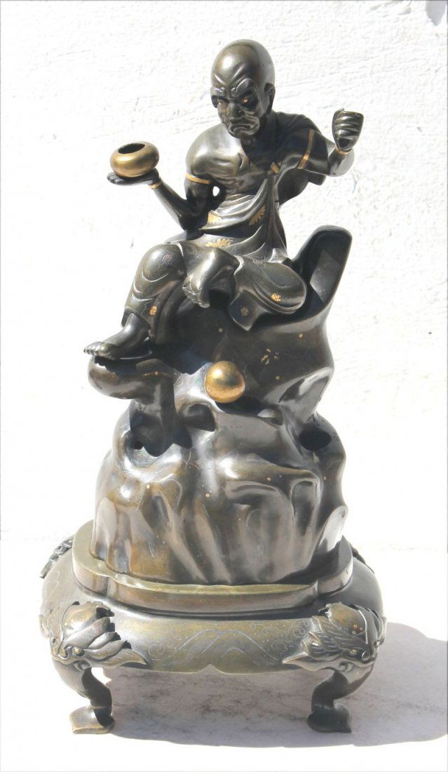 Great antique Japanese 3 part bronze censer inlaid w (1 of 3)