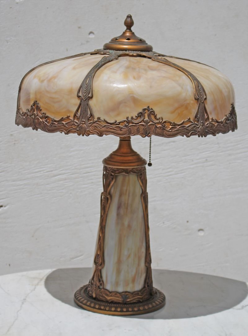 Antique carmel slag glass panel lamp on matching light (1 of 3)