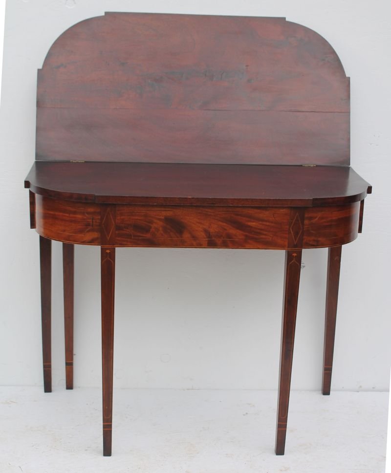 Period Hepplewhite ca 1790-1810 carved mahog & exotic: Period Hepplewhite ca 1790-1810 carved mahog & exotic wood inlaid 5 legged ovolo shaped card table from Charleston, SC attrib to Martin Pfeninger