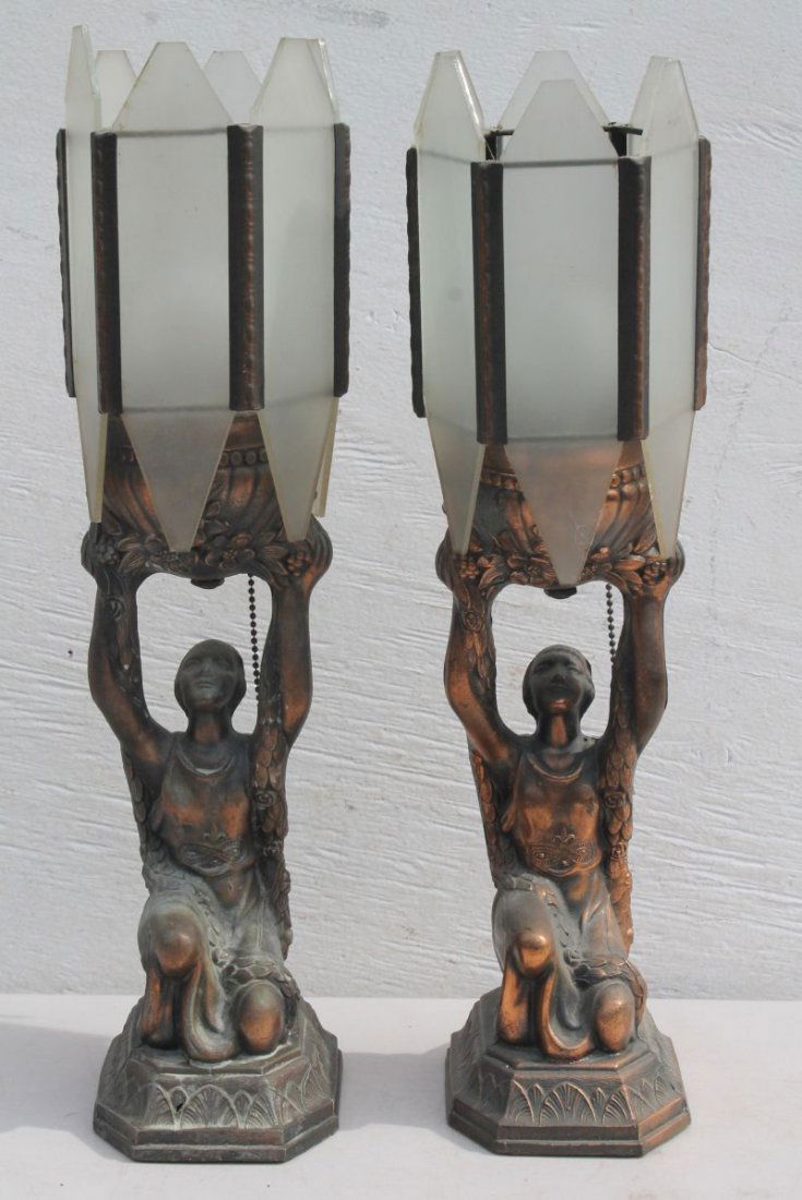 Pr of Art Deco Spelter sculpture female figural table (1 of 2)