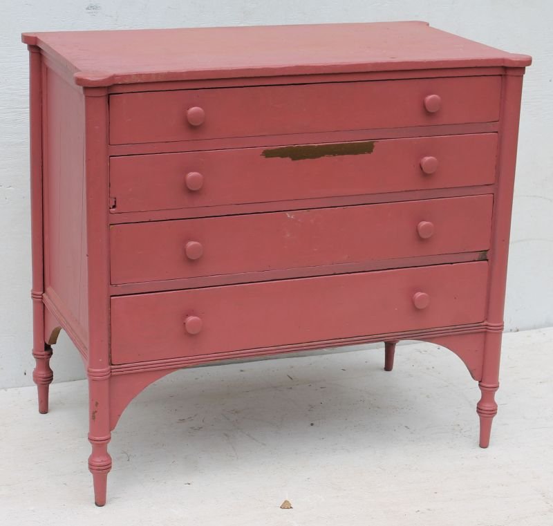 extremely diminutive Sheraton ca 1800 Boston 4 dr chest: extremely diminutive Sheraton ca 1800 Boston 4 dr chest (possibly for a child) in salmony pink over orig grain paint - displaying many characteristics of a John & Thomas Seymour piece of furniture - 3