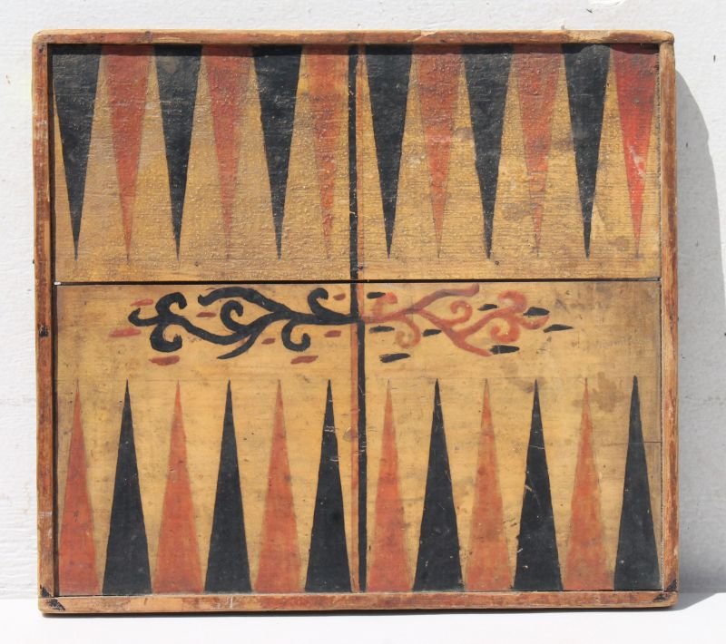 Very colorful dbl side backgammon & checkers late 19thC (1 of 3)