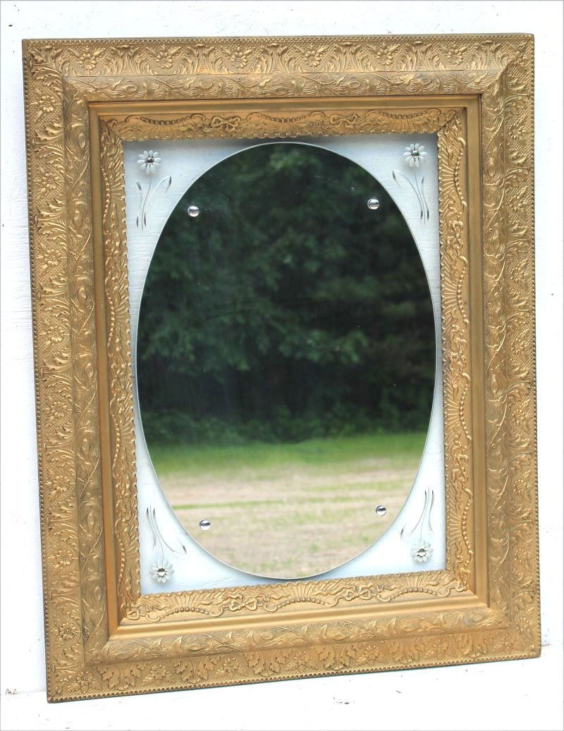 attractive combination mirror w carved frame, etched (1 of 2)