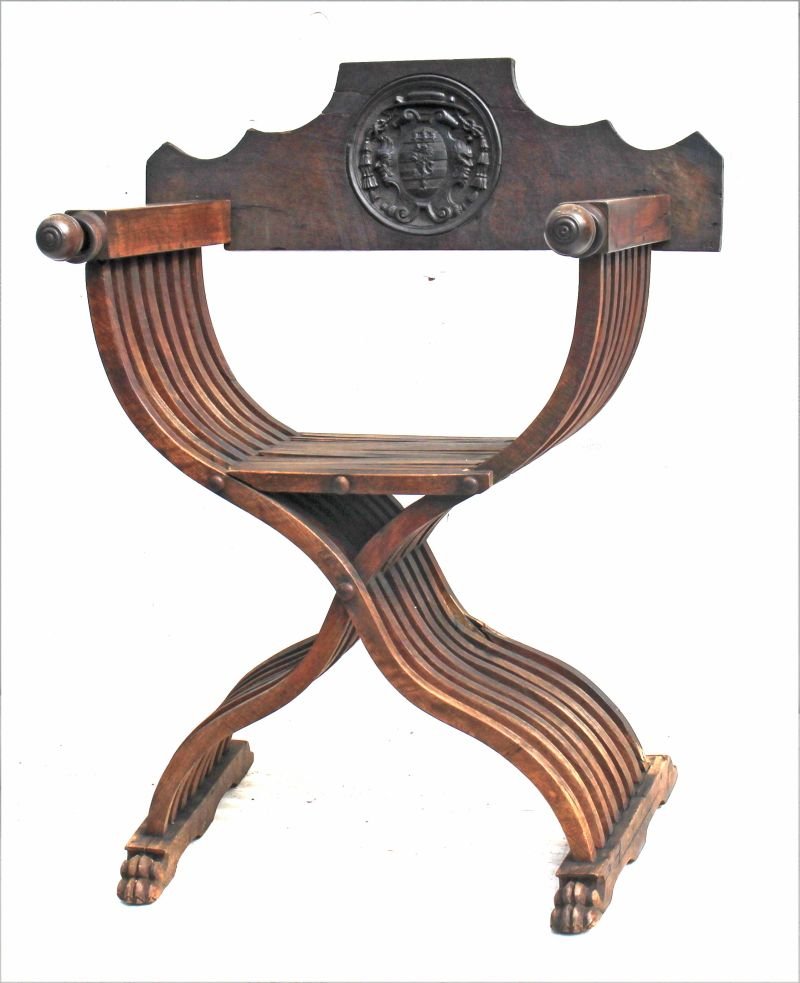 19thC mortise & tenon Savanarola chair w North &: 19thC mortise & tenon Savanarola chair w North & Southwind faces, Scottish thistle & excellent carved medallion - 37" tall