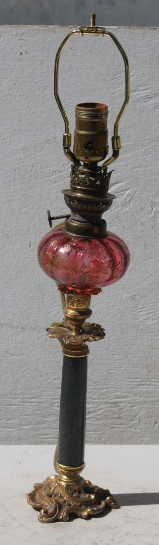 antique peg lamp w cranberry glass floral enam dec font (1 of 3)